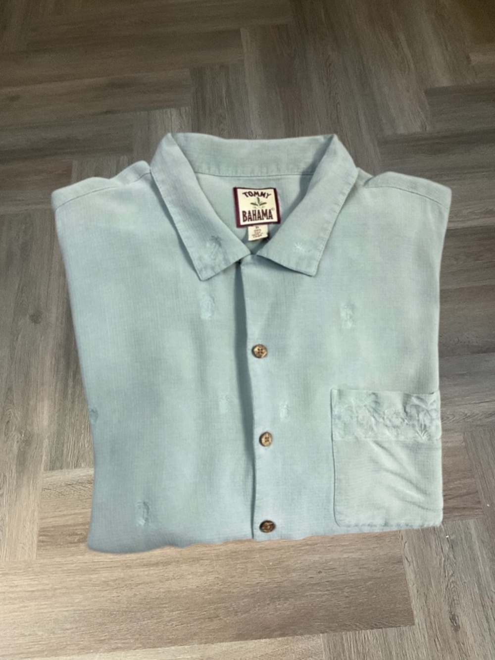 Tommy Bahama Silk Palm‎ Tree Embroidered Camp Shirt Mens XL Sage Green Boat Golf